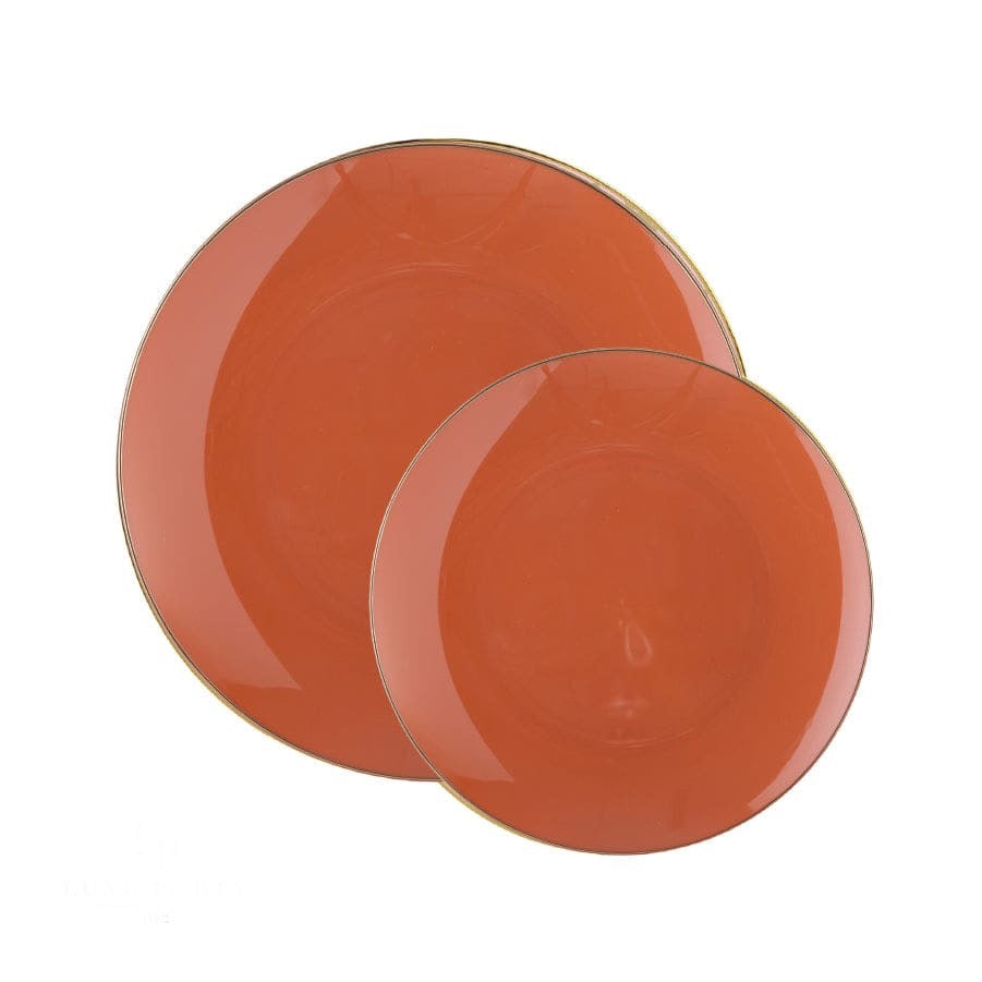 Round Rosewood Orange and Gold Plastic Plates | 10 Pack