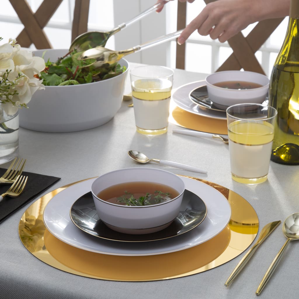 14 Oz. Round White • Gold Plastic Bowls | 10 Pack - Soup Bowls