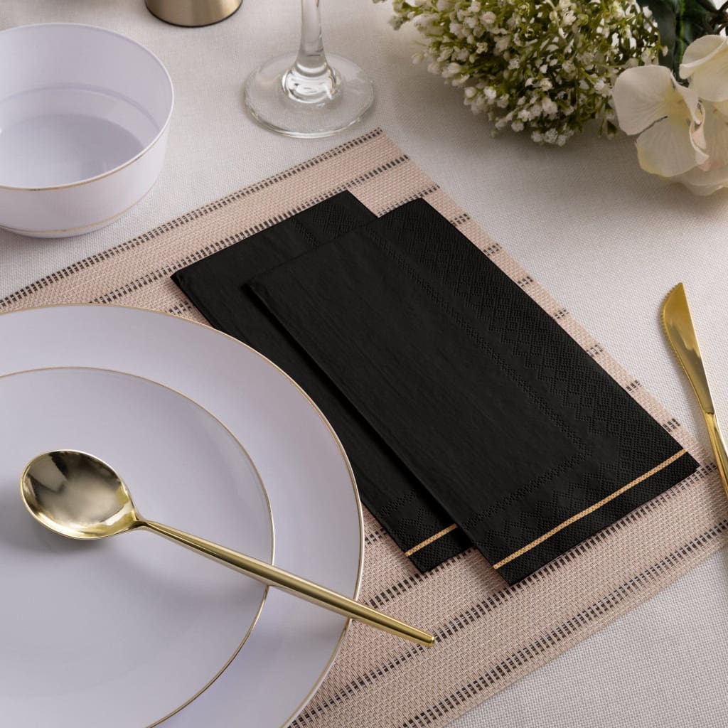 Luxe Party NYC Napkins 16 Dinner Napkins - 4.25" x 7.75" Black with Gold Stripe Paper Napkins - 3 sizes available