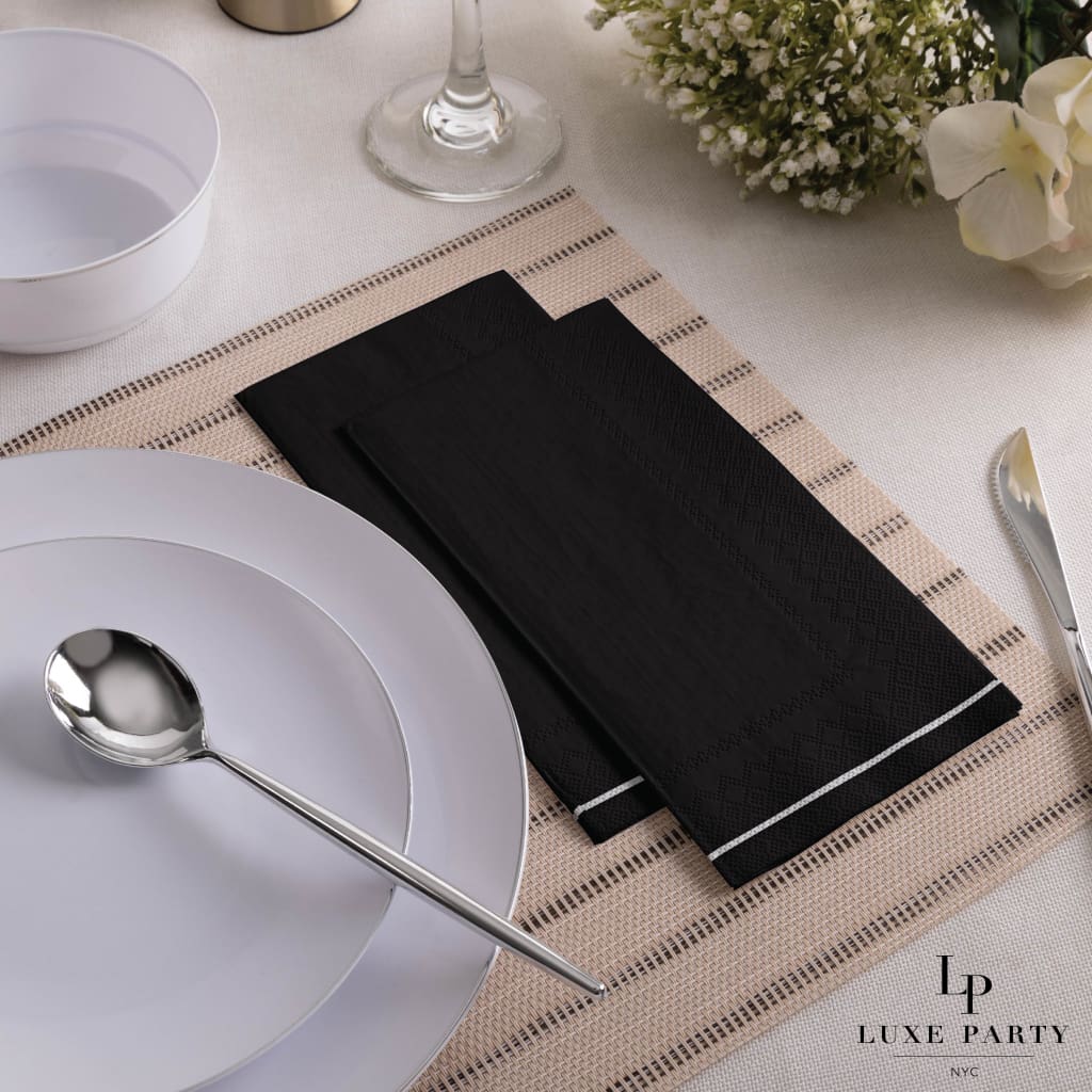 Black with Silver Stripe Guest Paper Napkins | 16 Napkins - 16 Guest Napkins - 4.25 x 7.75 - Napkins