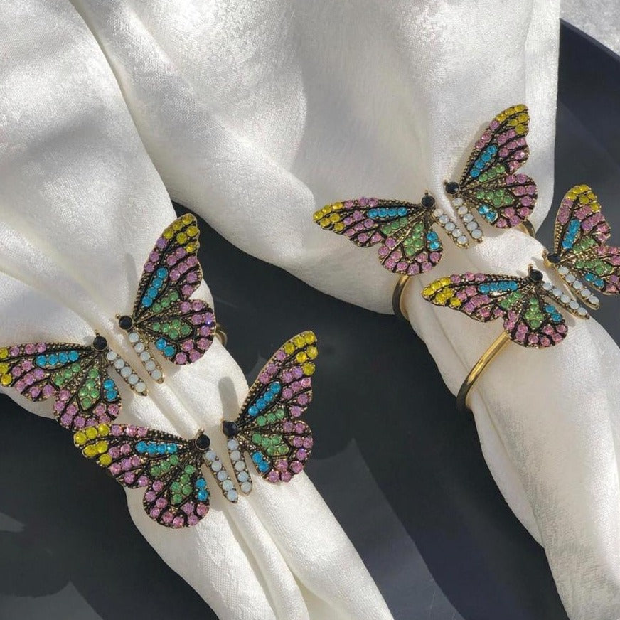 Rhinestone Butterfly Ring - Set of 4