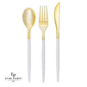 Luxe Party NYC Two Tone Cutlery Chic Classic Clear and Gold Plastic Cutlery Set | 32 Pieces