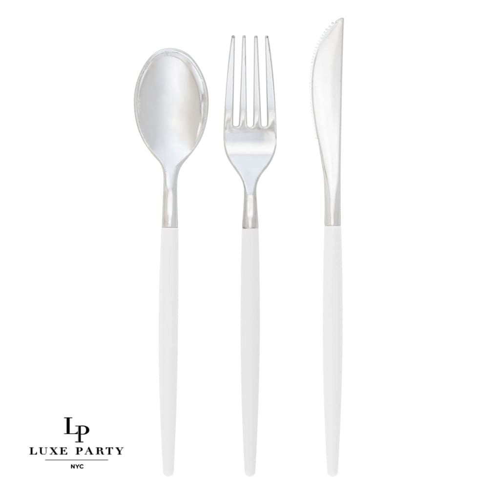 Luxe Party NYC Two Tone Cutlery Chic Clear and Silver Plastic Cutlery Set | 32 Pieces