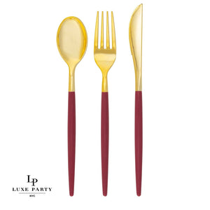 Luxe Party NYC Two Tone Cutlery Cranberry • Gold Plastic Cutlery Set | 32 Pieces