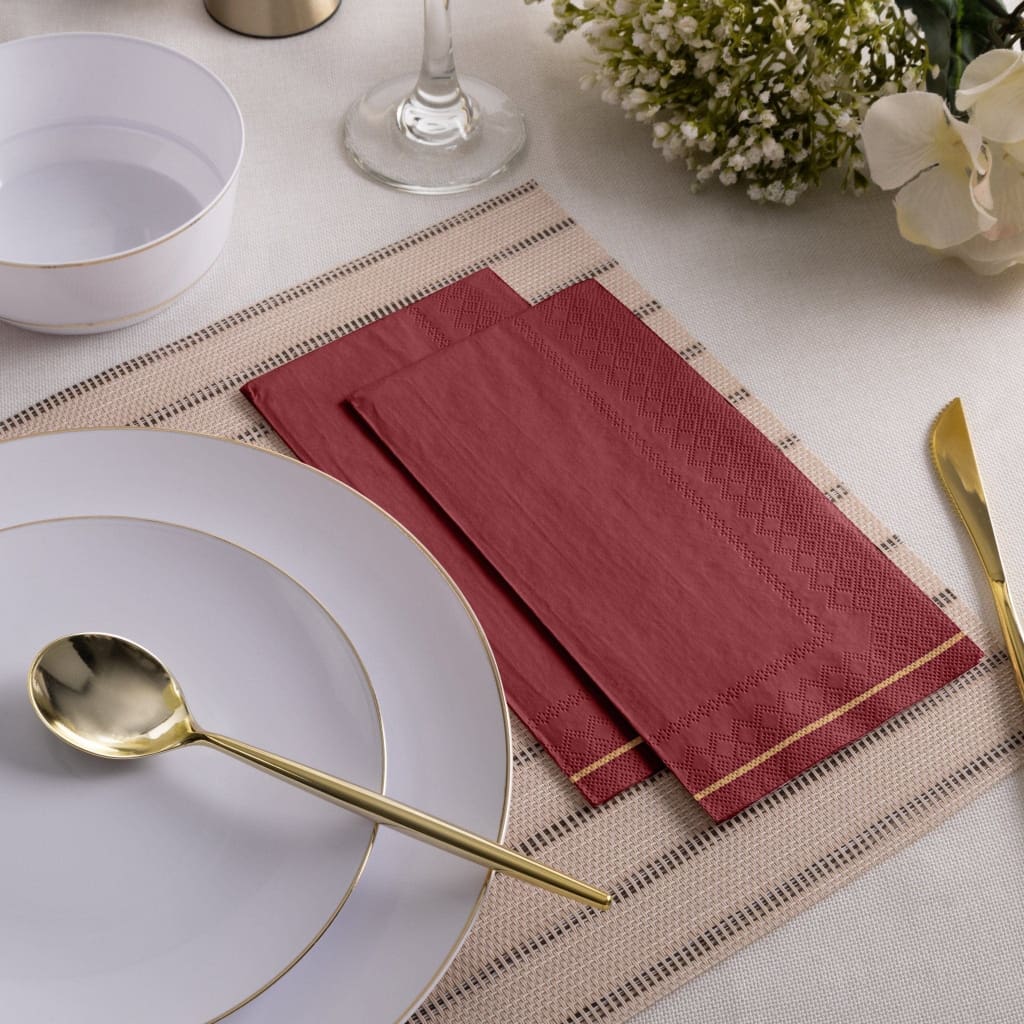 Luxe Party NYC Napkins 16 Dinner Napkins - 4.25" x 7.75" Cranberry with Gold Stripe Paper Napkins - 3 available sizes