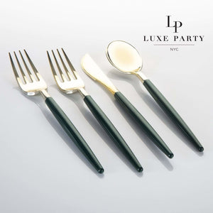 Luxe Party NYC Two Tone Cutlery Emerald • Gold Plastic Cutlery Set | 32 Pieces