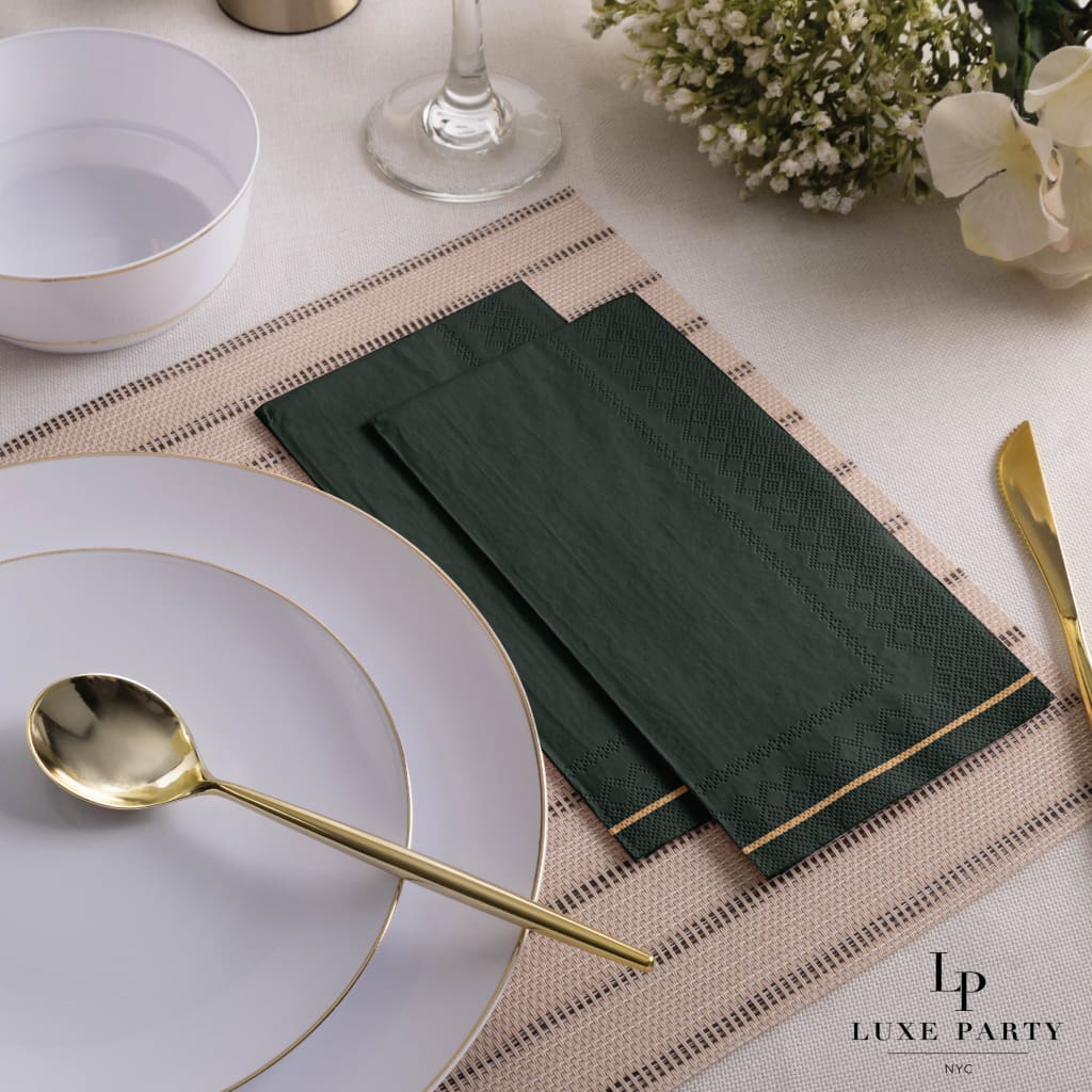 Emerald with Gold Stripe Guest Paper Napkins | 16 Napkins - 16 Dinner Napkins - 4.25 x 7.75 - Napkins