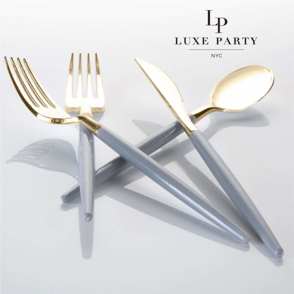 Luxe Party NYC Two Tone Cutlery Grey • Gold Plastic Cutlery Set | 32 Pieces