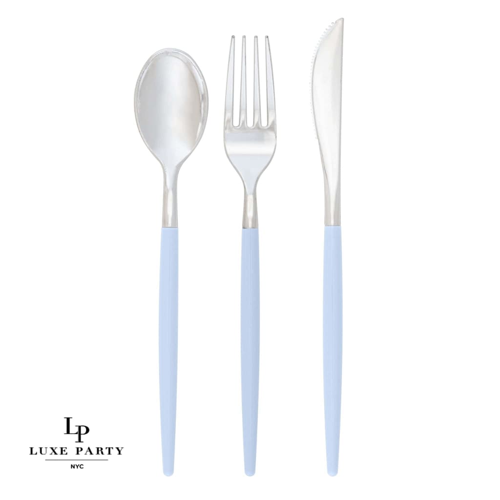 Luxe Party NYC Two Tone Cutlery Ice Blue • Silver Plastic Cutlery Set | 32 Pieces