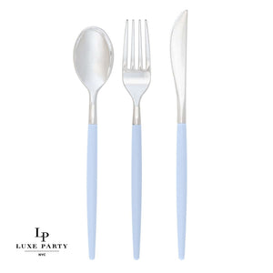 Luxe Party NYC Two Tone Cutlery Ice Blue • Silver Plastic Cutlery Set | 32 Pieces