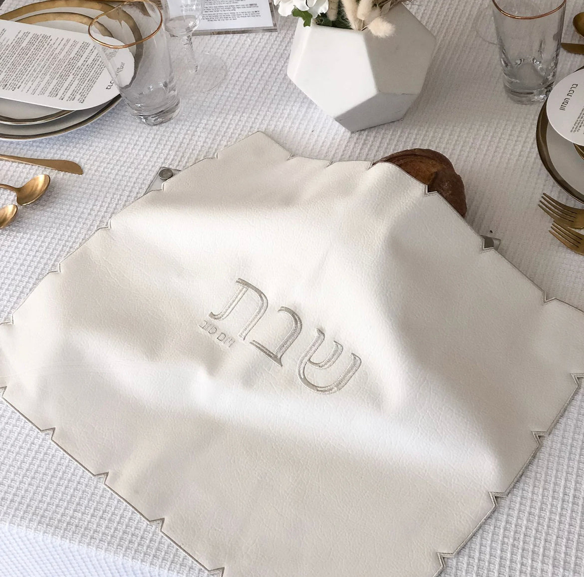 White embroidered Leatherette Challah cover