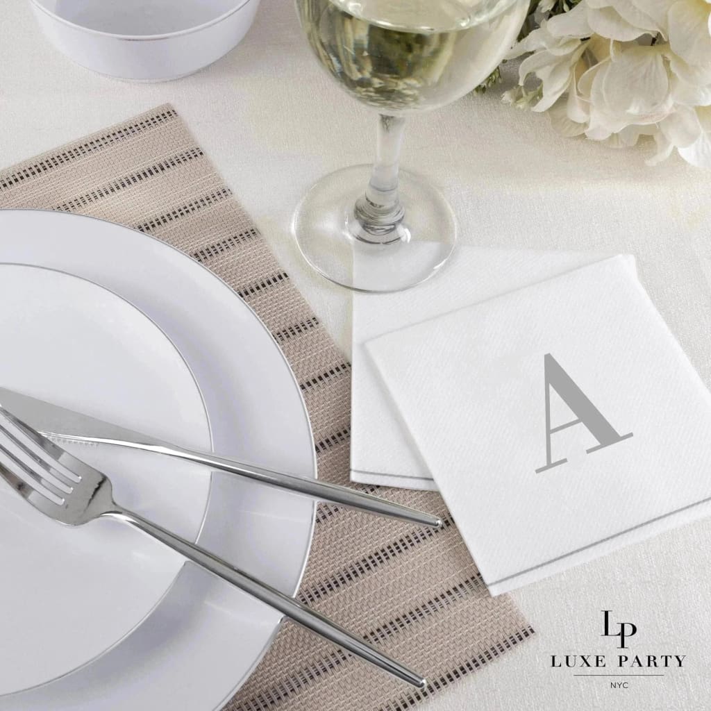 Luxe Party NYC Napkins 16 Cocktail Napkins - 5" x 5" Letter A Silver Monogram Cocktail Paper Disposable Napkins