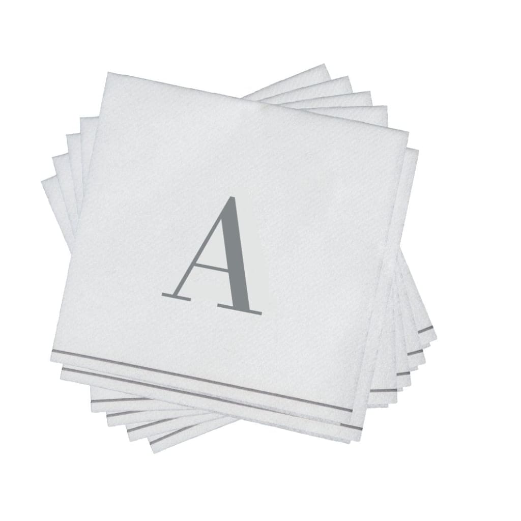 Luxe Party NYC Napkins 16 Cocktail Napkins - 5" x 5" Letter A Silver Monogram Cocktail Paper Disposable Napkins