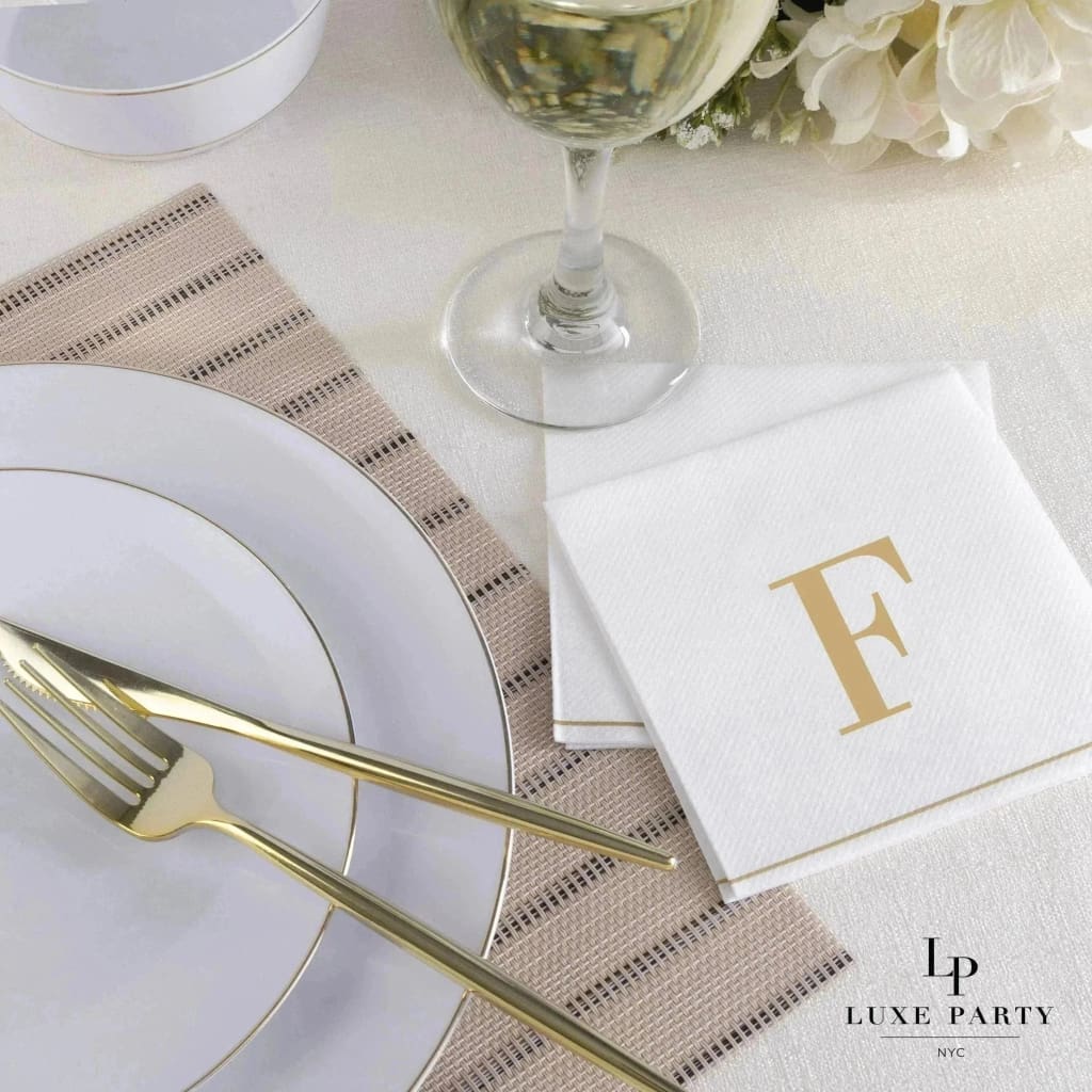 Luxe Party NYC Napkins 16 Cocktail Napkins - 5" x 5" Copy of Letter F Gold Monogram Paper Disposable Napkins