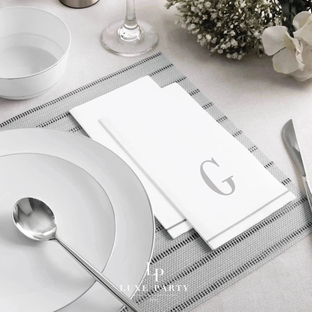 Luxe Party NYC Napkins 14 Guest Napkins - 4.25" x 7.75" Letter G Silver Monogram Paper Disposable Napkins