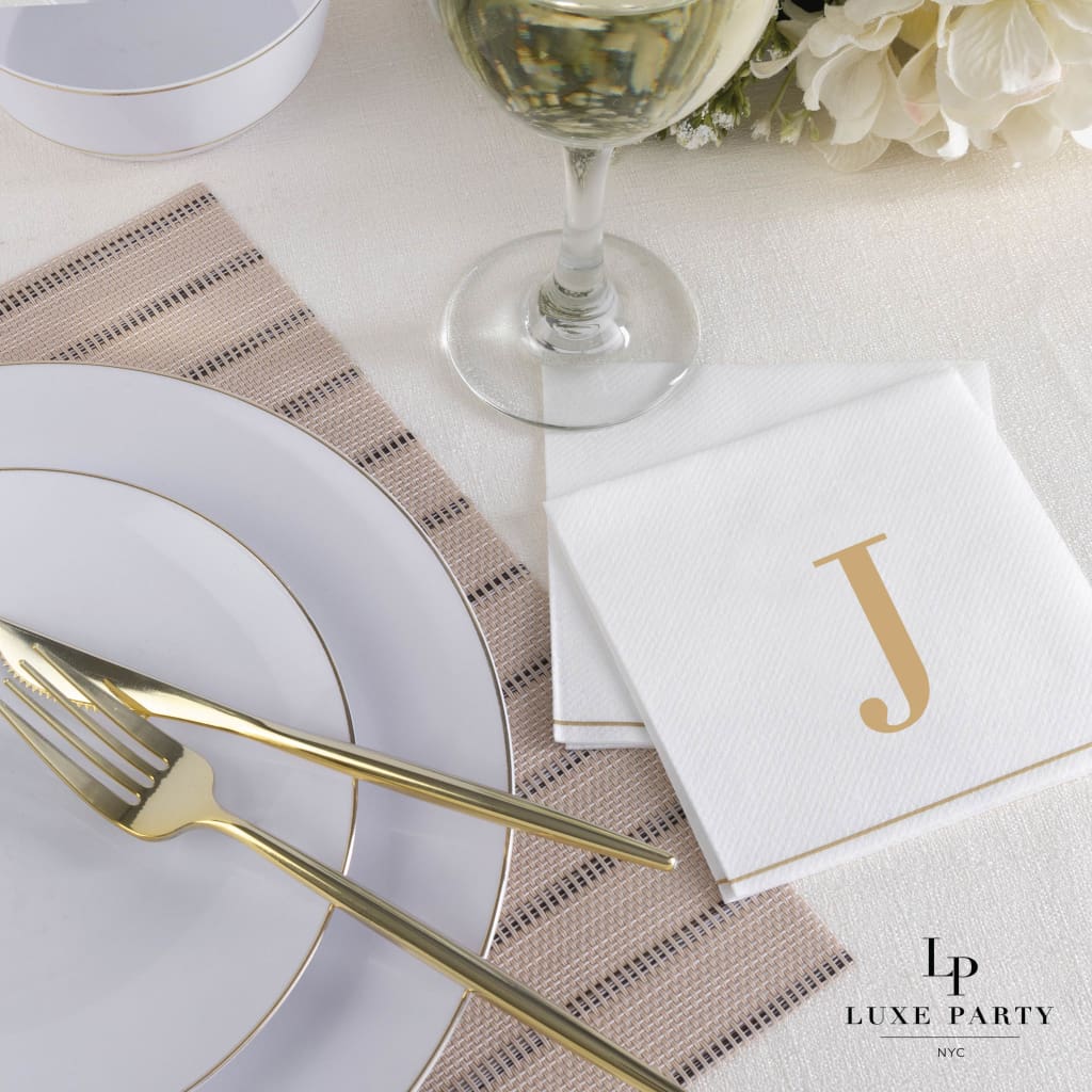 Luxe Party NYC Napkins 16 Cocktail Napkins - 5" x 5" Letter J Gold Monogram Paper Disposable Cocktail Napkins