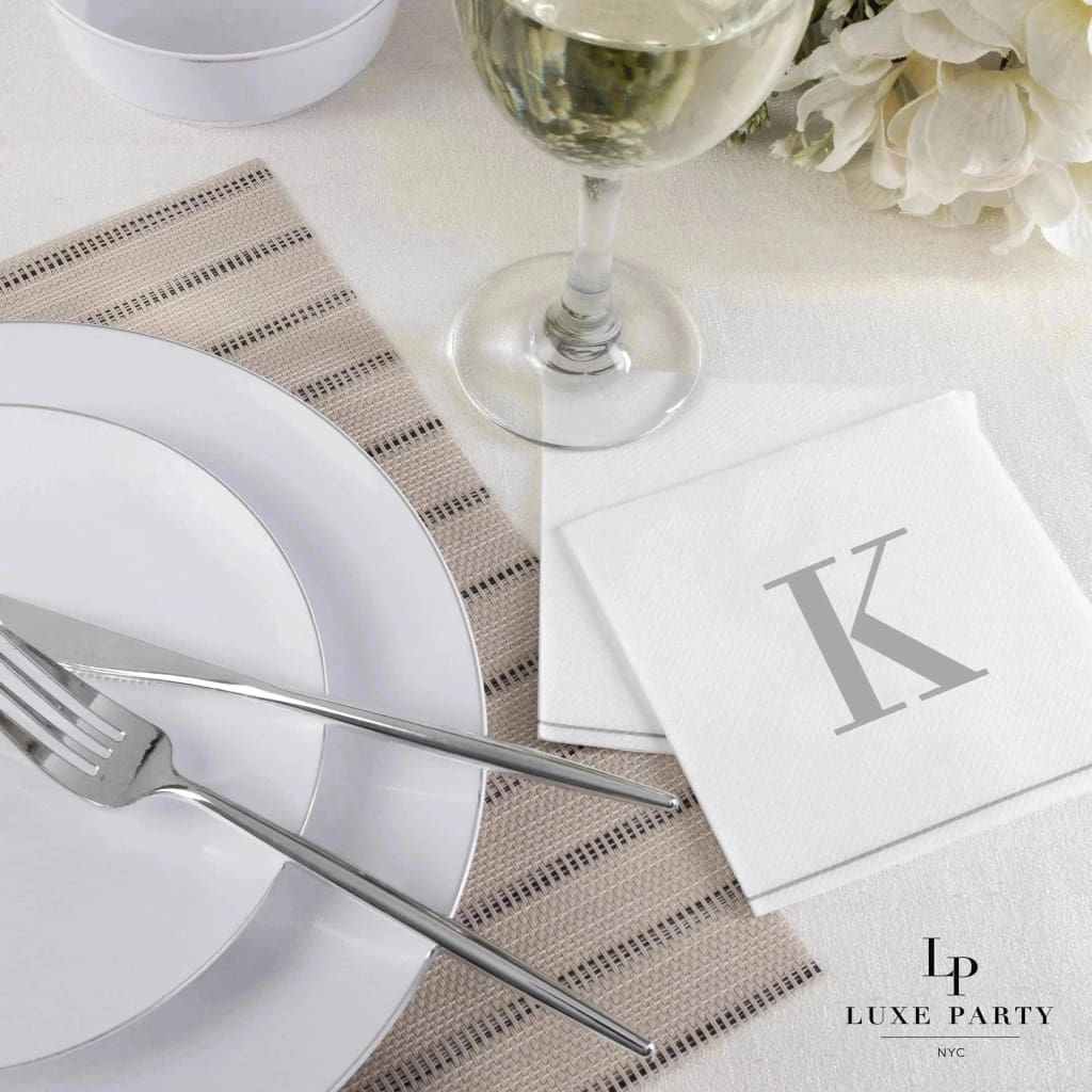 Luxe Party NYC Napkins 16 Cocktail Napkins - 5" x 5" Letter K Silver Monogram Cocktail Paper Disposable Napkins