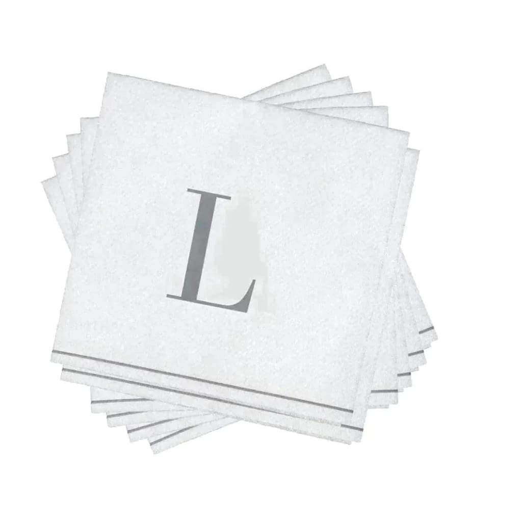 Luxe Party NYC Napkins 16 Cocktail Napkins - 5" x 5" Letter L Silver Monogram Cocktail Paper Disposable Napkins