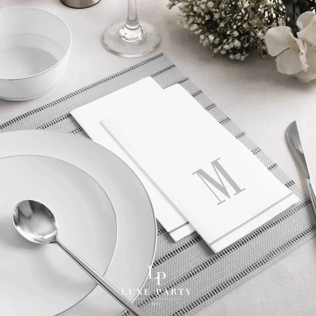 Luxe Party NYC Napkins 14 Guest Napkins - 4.25" x 7.75" Letter M Silver Monogram Paper Disposable Napkins