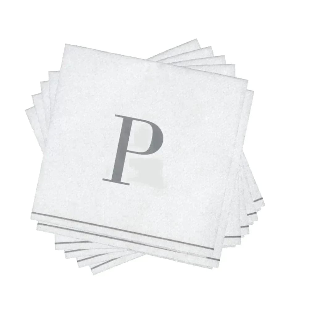 Luxe Party NYC Napkins 16 Cocktail Napkins - 5" x 5" Letter P Silver Monogram Cocktail Paper Disposable Napkins