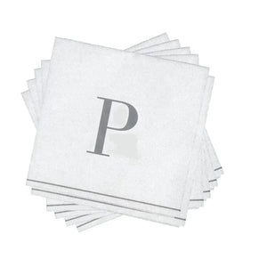 Luxe Party NYC Napkins 16 Cocktail Napkins - 5" x 5" Letter P Silver Monogram Cocktail Paper Disposable Napkins