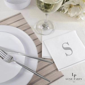 Luxe Party NYC Napkins 16 Cocktail Napkins - 5" x 5" Letter S Silver Monogram Cocktail Paper Disposable Napkins
