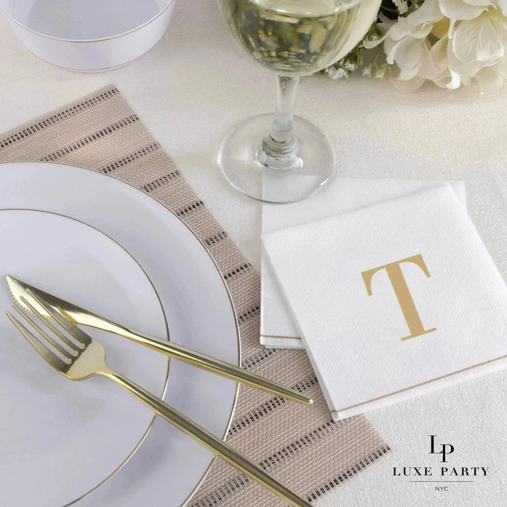 Luxe Party NYC Napkins 16 Cocktail Napkins - 5" x 5" Copy of Letter T Gold Monogram Paper Disposable Napkins