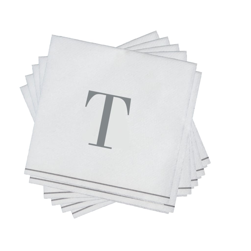 Luxe Party NYC Napkins 16 Cocktail Napkins - 5" x 5" Letter T Silver Monogram Cocktail Paper Disposable Napkins