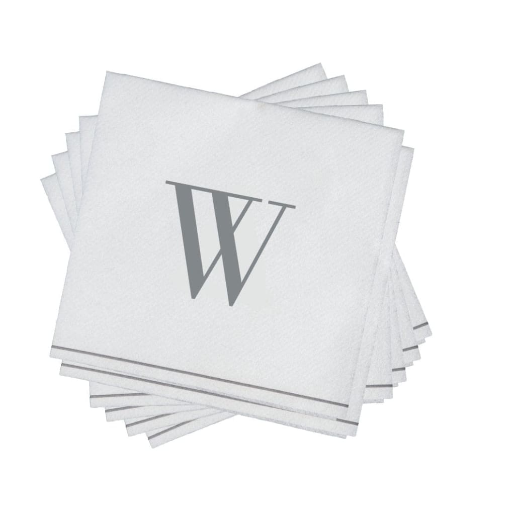 Luxe Party NYC Napkins 16 Cocktail Napkins - 5" x 5" Letter W Silver Monogram Cocktail Paper Disposable Napkins