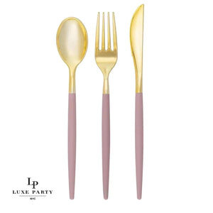 Luxe Party NYC Two Tone Cutlery Mauve • Gold Plastic Cutlery Set | 32 Pieces