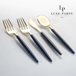 Luxe Party NYC Two Tone Cutlery Navy • Gold Plastic Cutlery Set | 32 Pieces