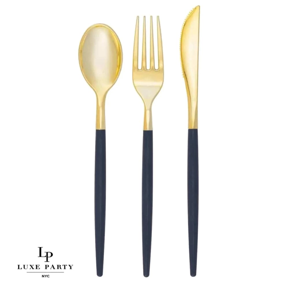 Luxe Party NYC Two Tone Cutlery Navy • Gold Plastic Cutlery Set | 32 Pieces