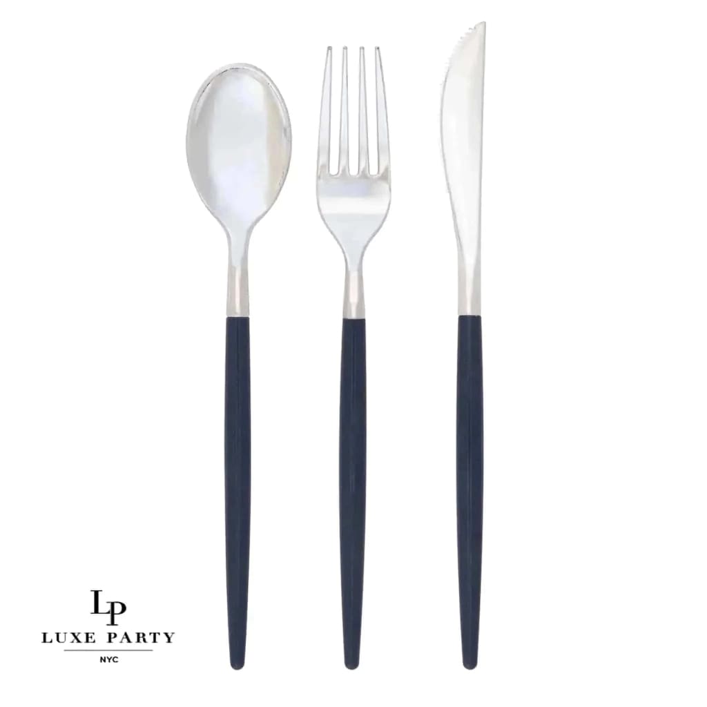 Luxe Party NYC Two Tone Cutlery Navy • Silver Plastic Cutlery Set | 32 Pieces
