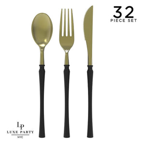 Luxe Party NYC Two Tone Cutlery Neo Classic  Black • Gold Plastic Cutlery Set | 32 Pieces