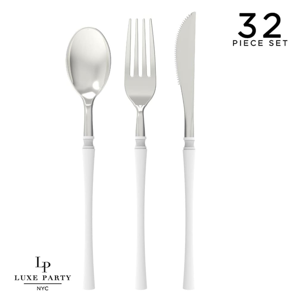 Luxe Party NYC Two Tone Cutlery Neo Classic White • Silver Plastic Cutlery Set | 32 Pieces