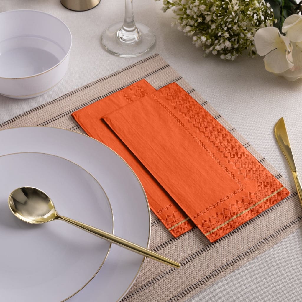 Luxe Party NYC Napkins 16 Dinner Napkins - 4.25" x 7.75" Orange with Gold Stripe Paper Napkins - 3 available sizes