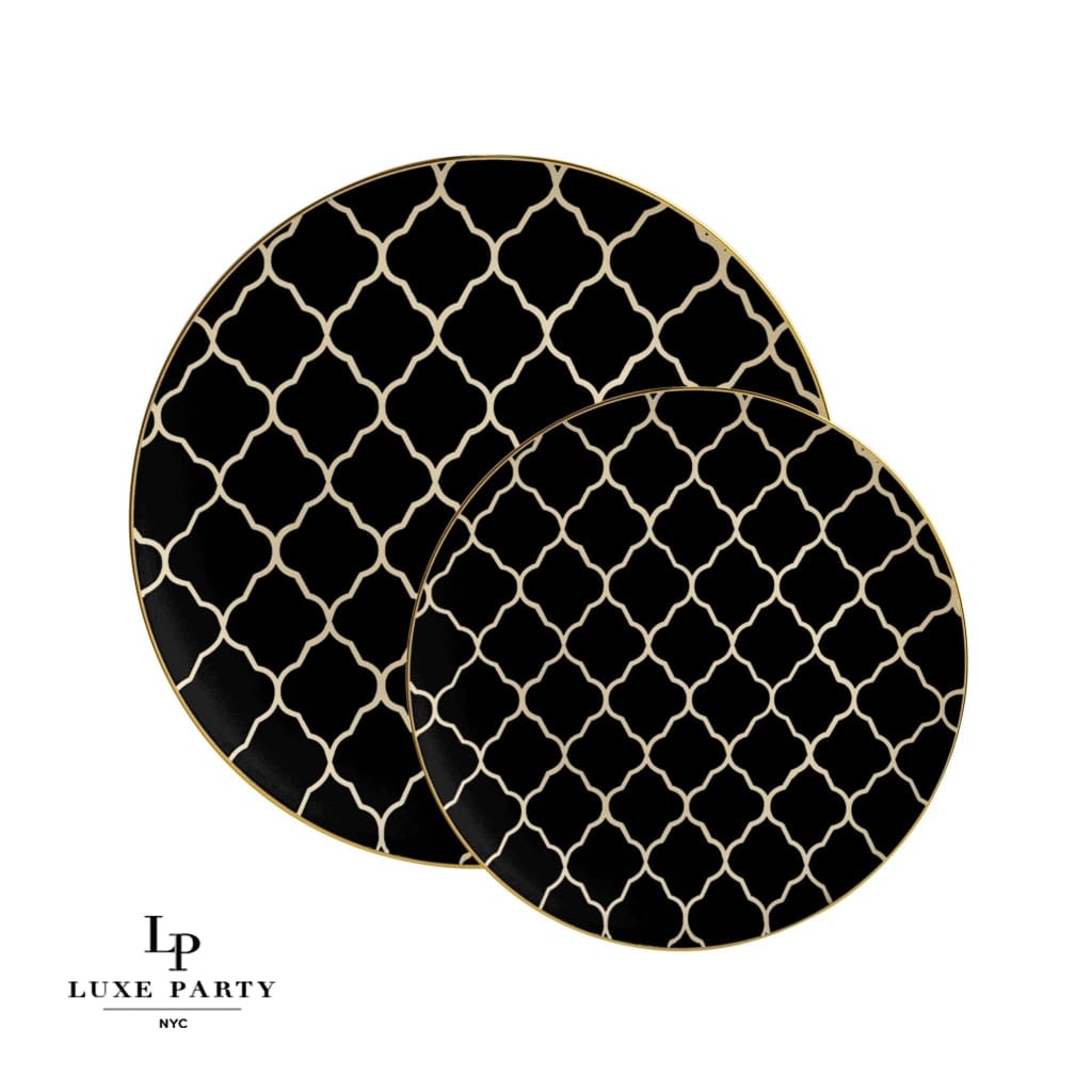 Round Accent Pattern Plastic Plates Round Black • Gold Lattice Pattern Plastic Plates | 10 Pack