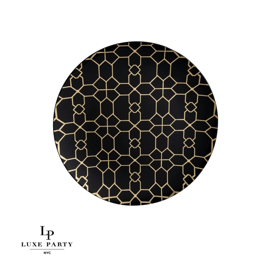 Round Accent Pattern Plastic Plates Round Black • Gold Pattern Plastic Plates | 10 Pack
