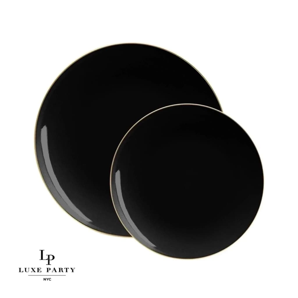 Round Accent Plastic Plates Round Black • Gold Plastic Plates | 10 Pack