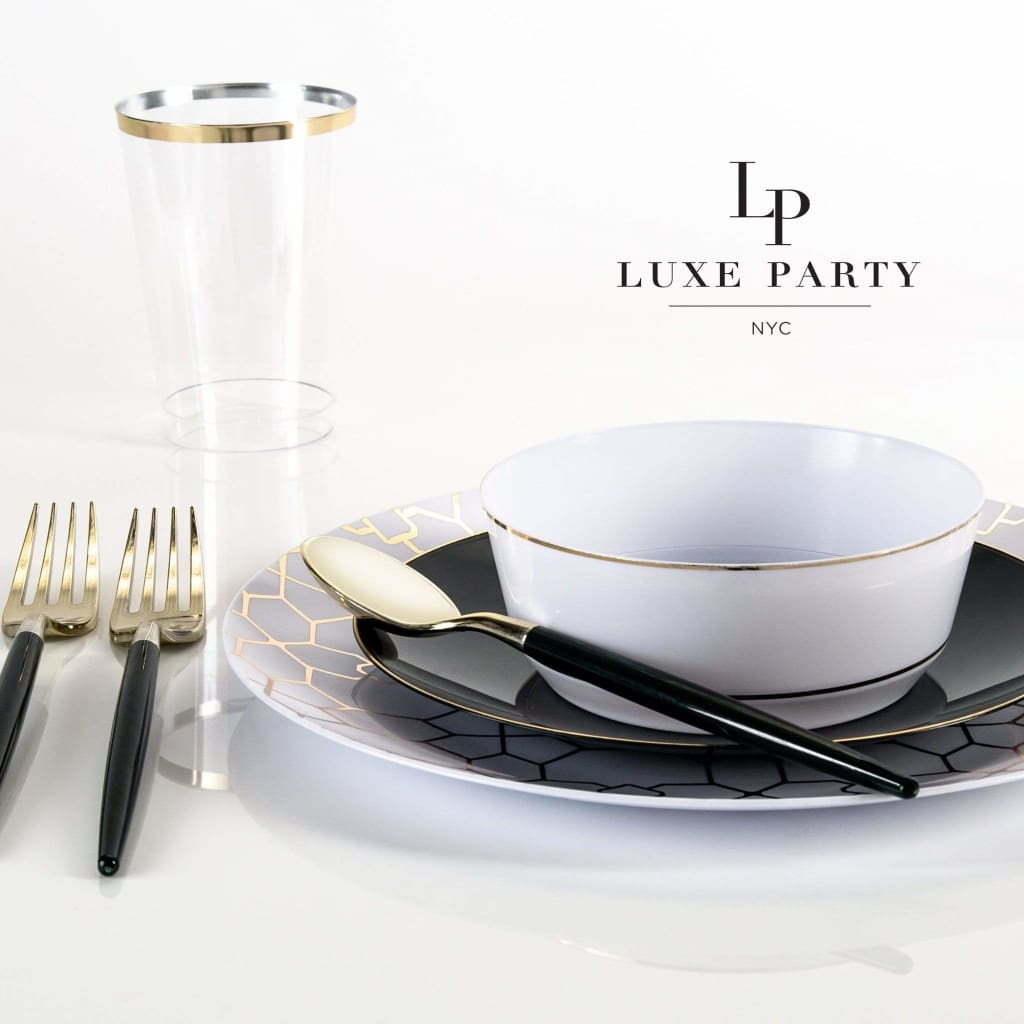 Round Accent Plastic Plates Round Black • Gold Plastic Plates | 10 Pack