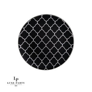 Round Lattice Plastic Plates Round Black • Silver Lattice Pattern Plastic Plates | 10 Pack
