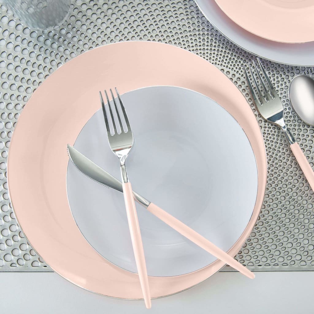 Round Accent Plastic Plates Round Blush • Silver Plastic Plates | 10 Pack