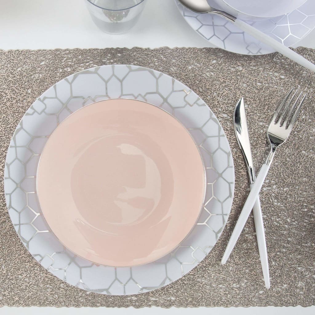 Round Accent Plastic Plates Round Blush • Silver Plastic Plates | 10 Pack