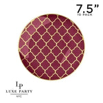 Round Accent Pattern Plastic Plates Round Cranberry • Gold Lattice Pattern Plastic Plates | 10 Pack