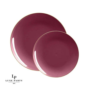 Round Accent Plastic Plates Round Cranberry • Gold Plastic Plates | 10 Pack