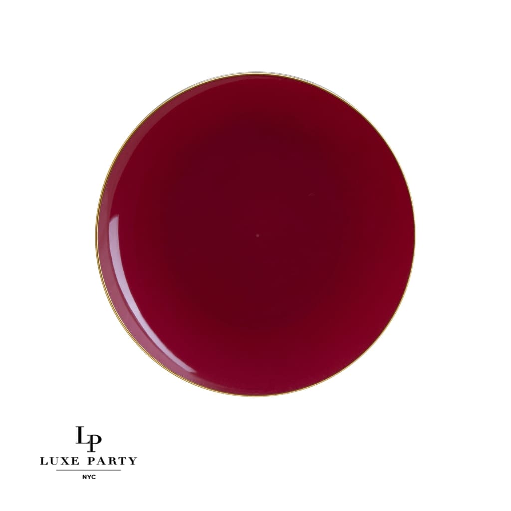 Round Accent Plastic Plates Round Cranberry • Gold Plastic Plates | 10 Pack
