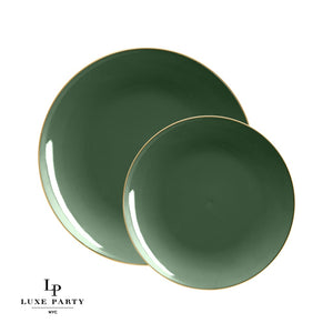 Round Accent Plastic Plates Round Emerald • Gold Plastic Plates | 10 Pack