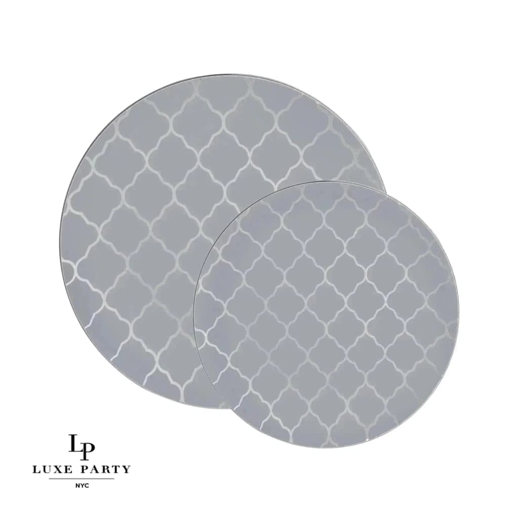 Round Accent Pattern Plastic Plates Round Gray • Silver Lattice Pattern Plastic Plates | 10 Pack