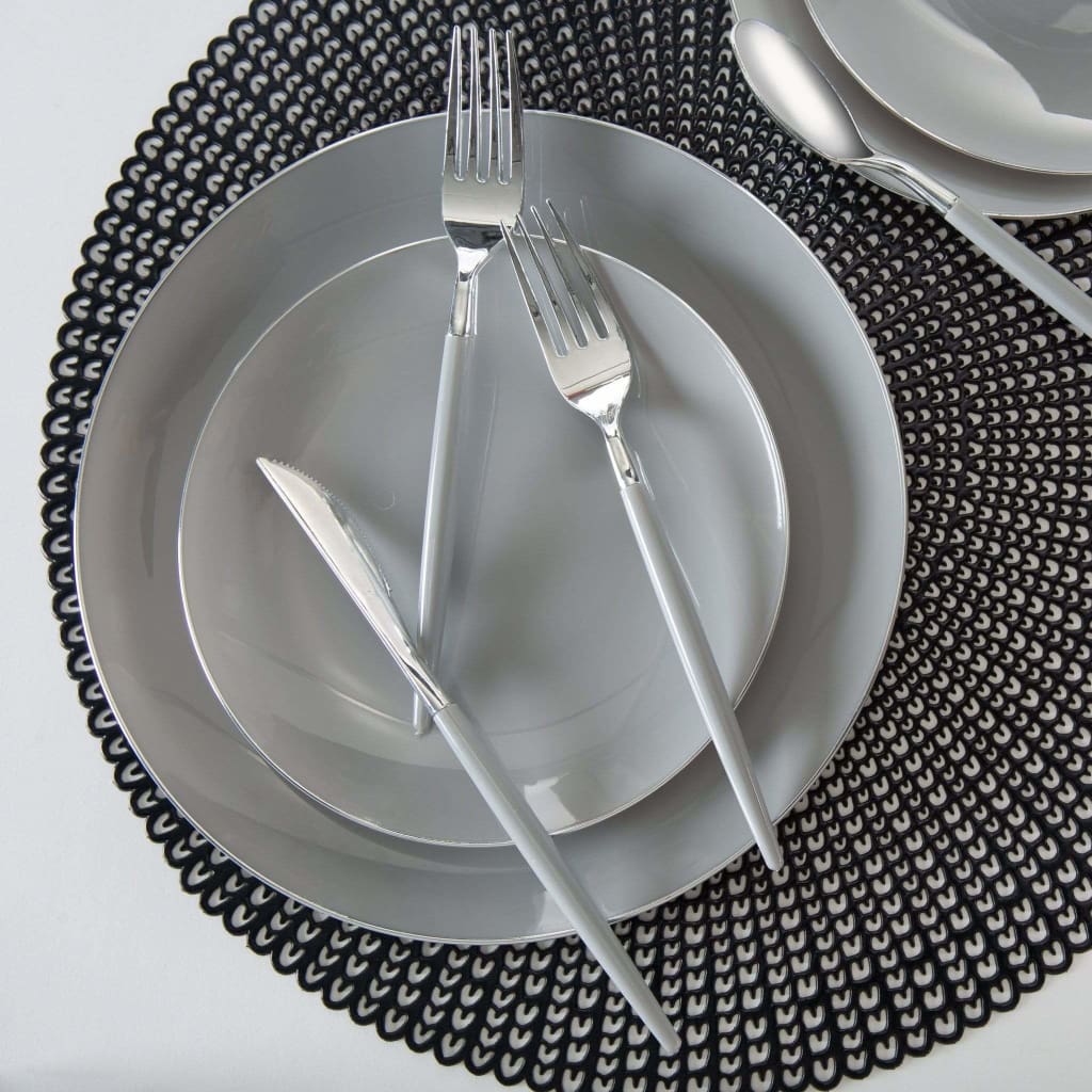 Round Accent Plastic Plates Round Gray • Silver Plastic  Plates | 10 Pack