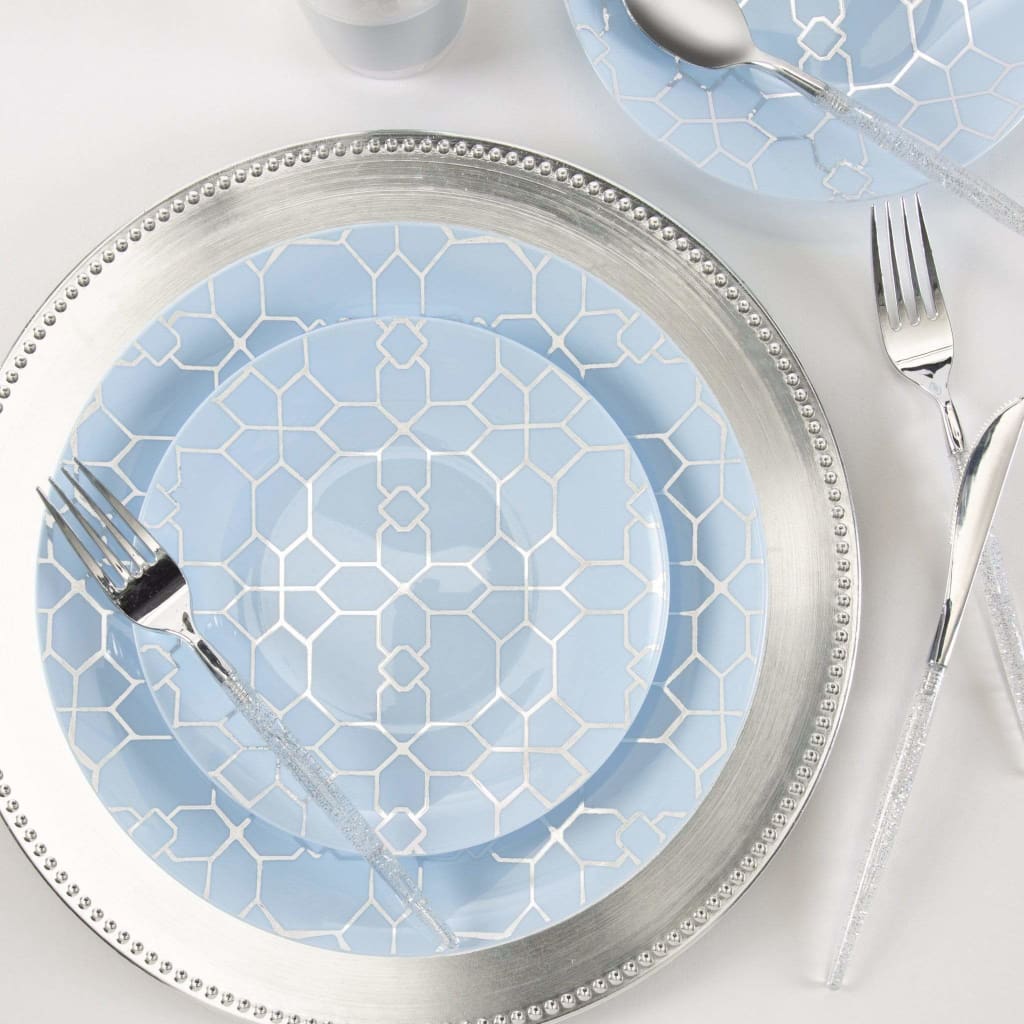 Round Accent Pattern Plastic Plates Round Ice Blue • Silver Pattern Plastic Plates | 10 Pack